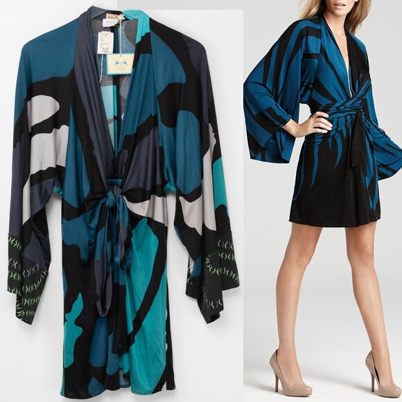 Issa London 100% Silk Dress A-Line Kimono Mini Deep V-Neck Blue Grey Size 10 New - Picture 1 of 10